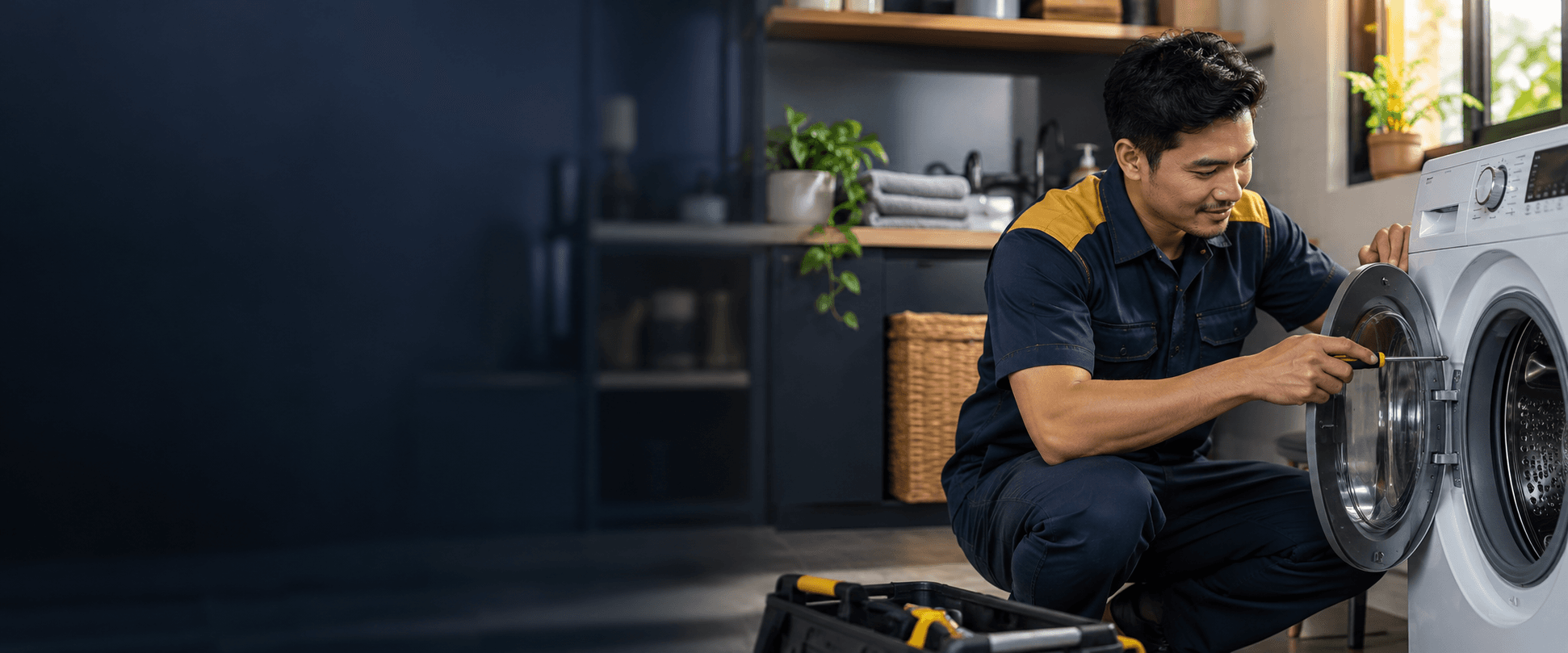 Appliance technician inspecting a front-load washing machine