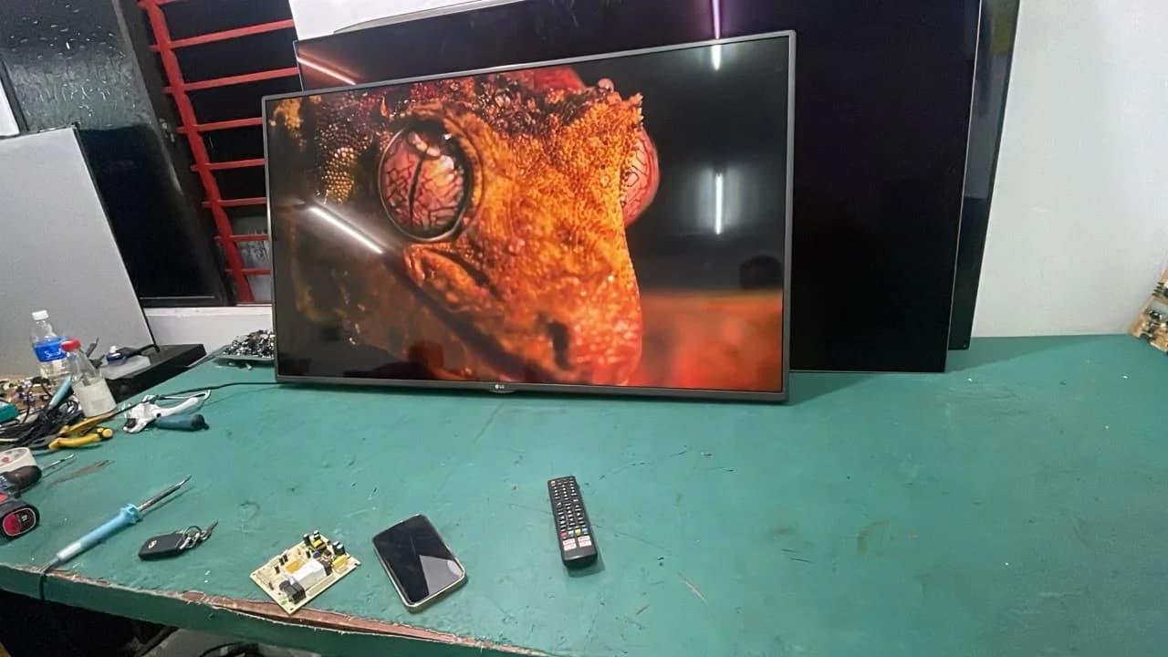 LG television displaying a detailed test image on the repair bench